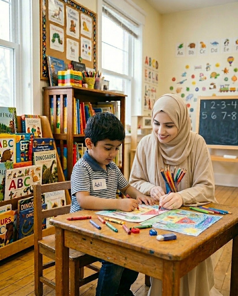 A teacher working closely with a child during a one-on-one learning session at Zest